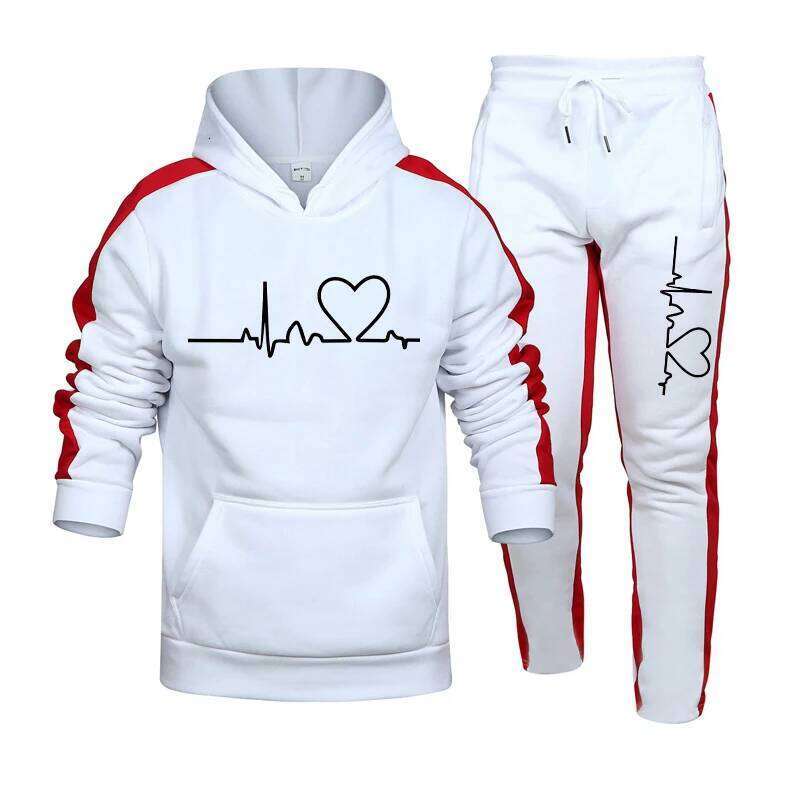 Quality Tracksuit Heart Printing Casual Hooded Sweatshirt 2 Pcs Set Fiess Sports Suit Street Trend Stripe Mens Clothing