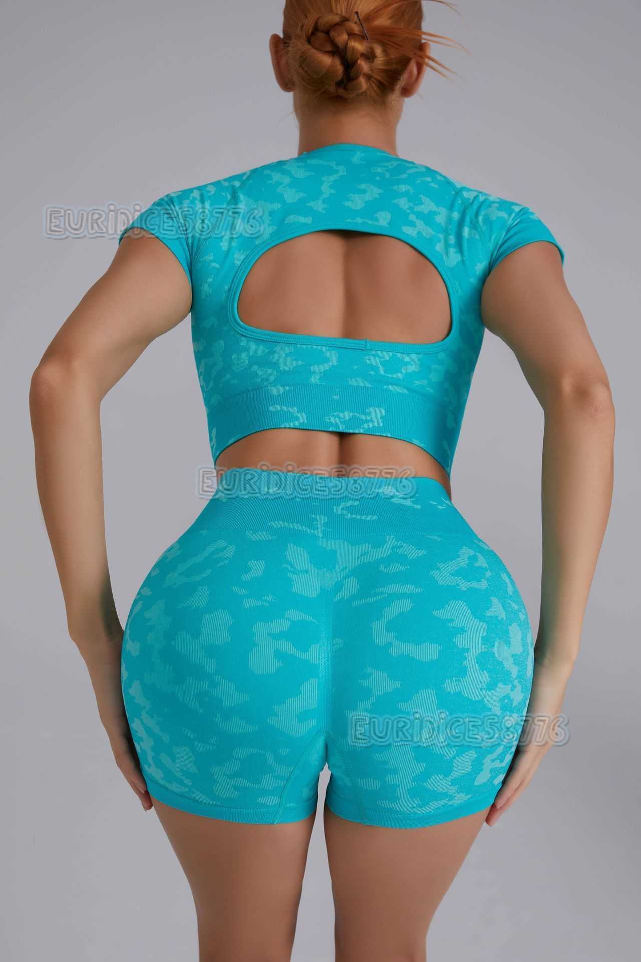 Camouflage Sports Tight Yoga Top for Women Quick-dry Running Breathable Hollow Seamless Short Sleeve Fitness Shirt H250819