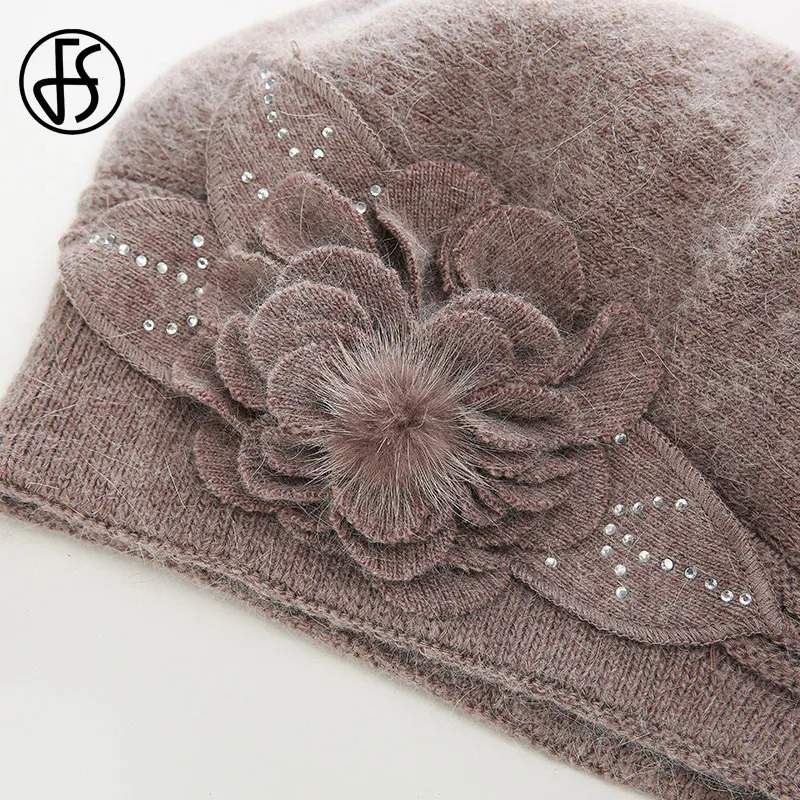F Rabbit Berets Knitted Wool Hats Winter Flowers Warm Female Cap Girls Beanies Fur Hat Gorros Bonnet Femme Hiver 250819