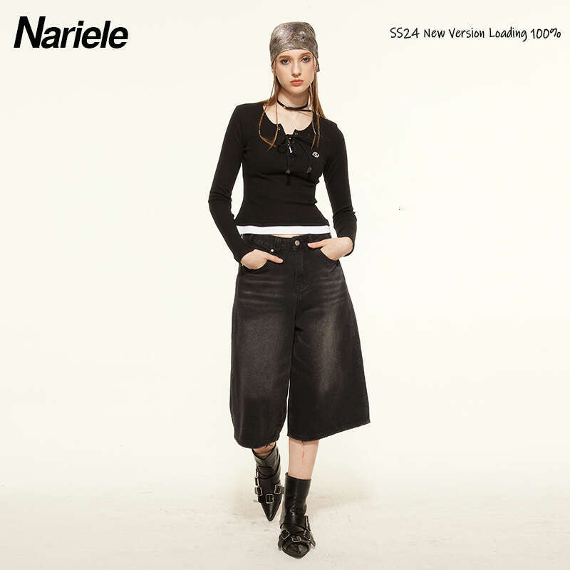 Spring And Autumn Waffle Design Slim Fit Color-Block Round Neck Tie-Up Hot Girl Long Sleeve Women's T-Shirt B3