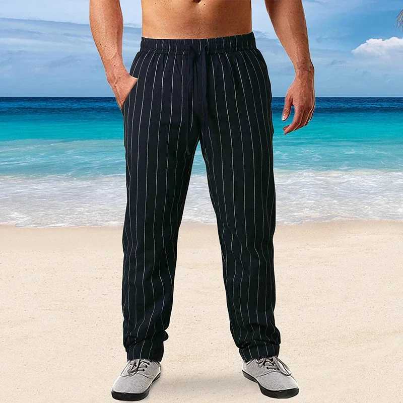 New Mens Cotton Linen Trousers Design Vertical Stripes Breathable Pants Casual Baggy Elastic Waist Straight Leg Sweatpants W250819