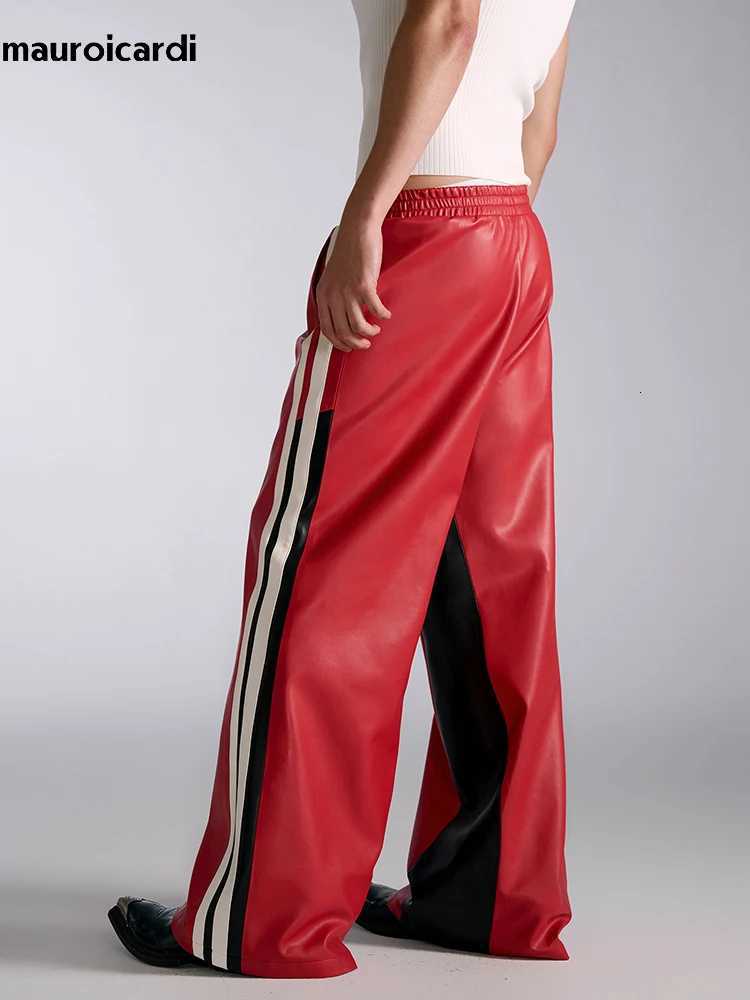 Mauroicardi Spring Autumn Long Loose Casual Baggy Color Block Pu Leather Pants Men Elastic Waist Wide Leg Trousers Streetwear W250819