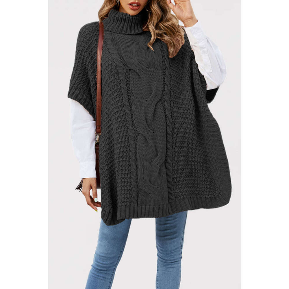Women's Clothing Autumn Winter New High Neck Cable Knit Shawl Loose Half Sleeve Vest Sweater B5