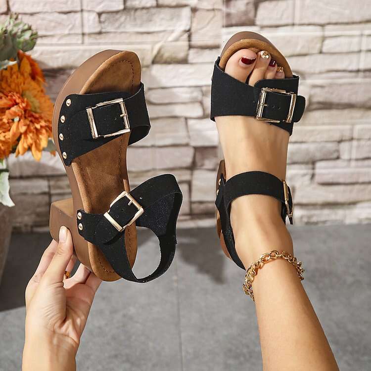 Large 36-43 Designer Shoe Size Sandals for Women 2025 Spring Summer New Style One-Strap Buckle Chunky Heel Casual Slippers