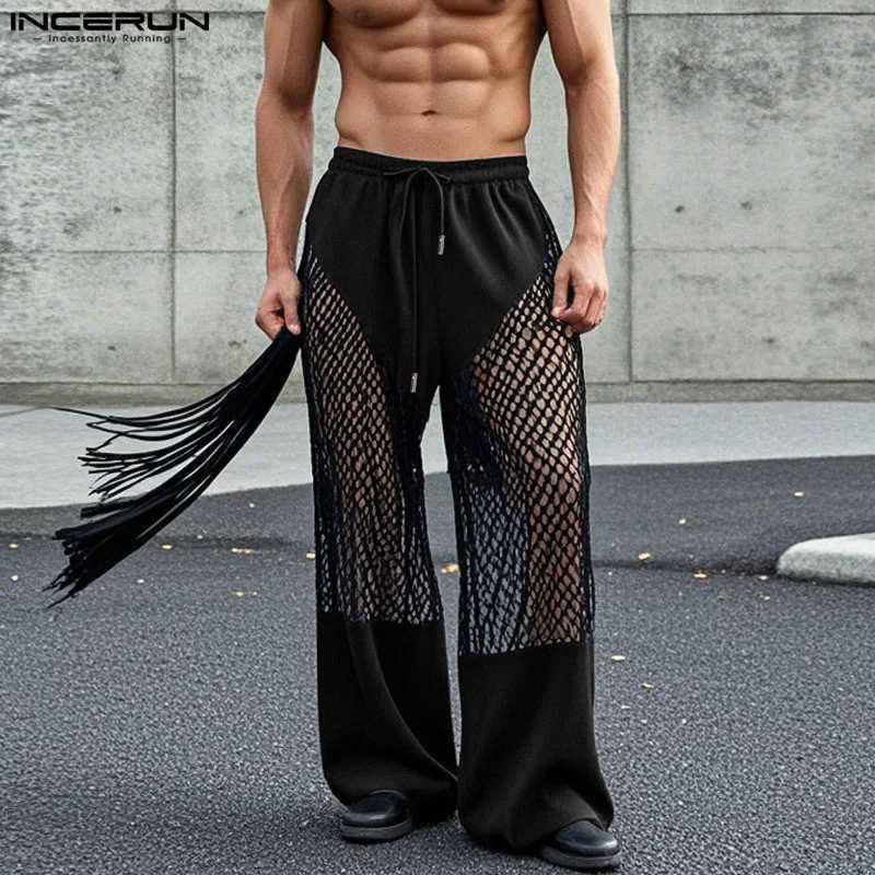 2025 American Style Trousers Fashion Mens Mesh Splicing Hollow Perspective Pants Casual Streetwear DrAWstring Trousers W250819