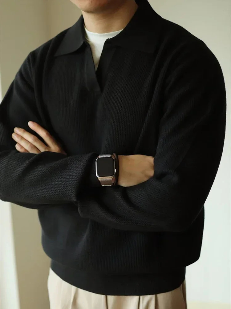 Fall Casual Sweater Mens Knitted Polo Shirts Long Sleeve Turn-down Collar Tops Men Vintage Knitwear Solid Color Tops 250818