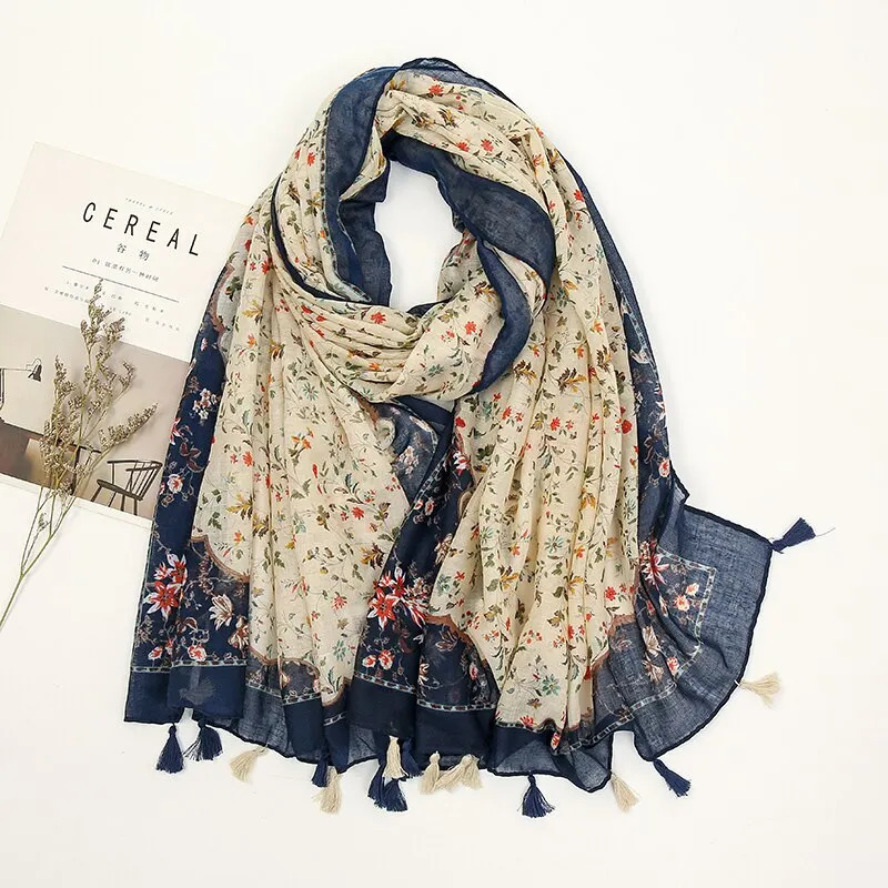 Printed Floral Cotton Tassel Scarf Viscose Shawls For Woman Summer Beach Long Muffler Fashion Muslim Headband 185*90cm 250818