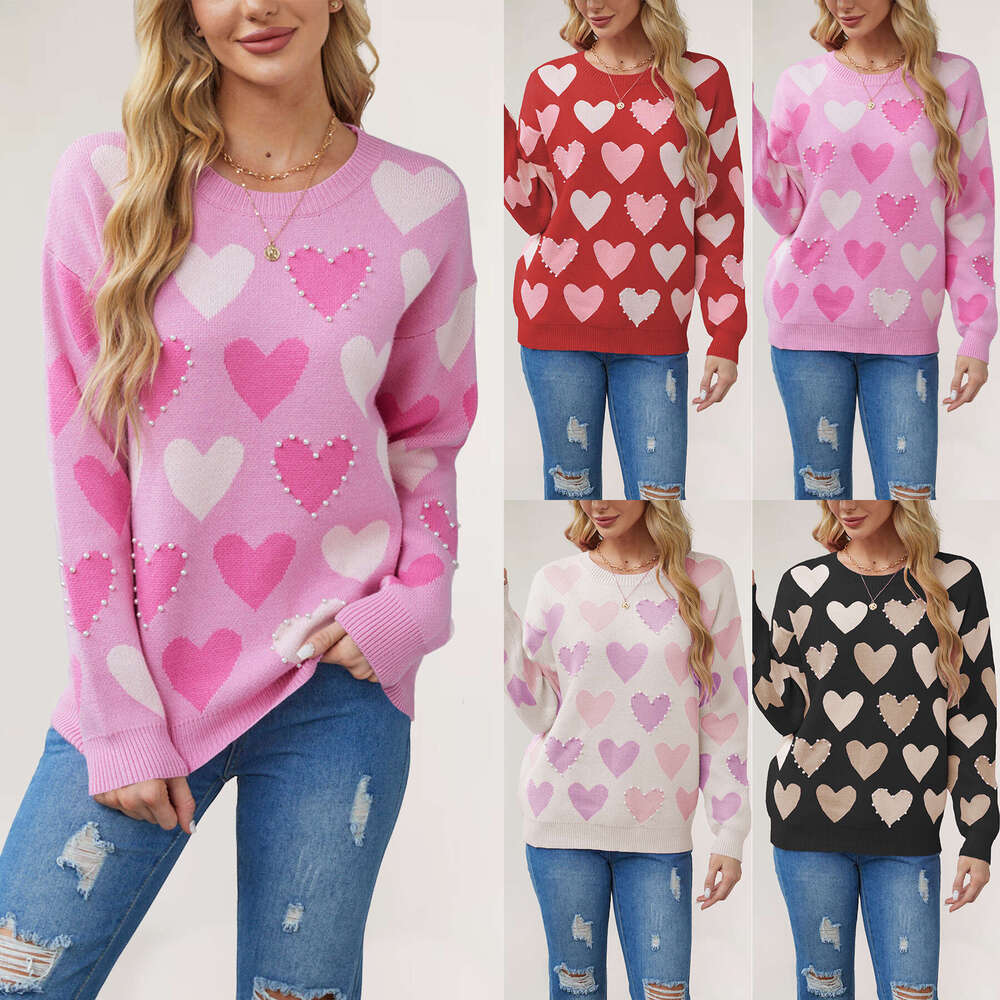 Winter New Valentine's Day Heart Peach Pullover Round Neck Handmade Beaded Craft Knit Sweater B5