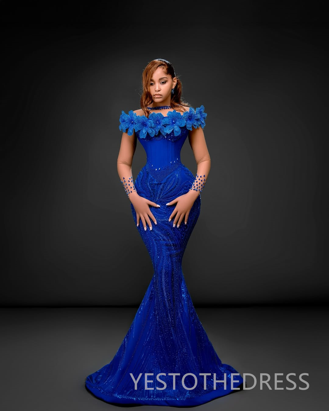 Aso Ebi Royal Blue Mermaid Prom Dress 2025 Evening Dresses Robe De Sorrie Sheer Neck Illusion Beaded Lace Flora Birthday Dress Second Reception Gowns 