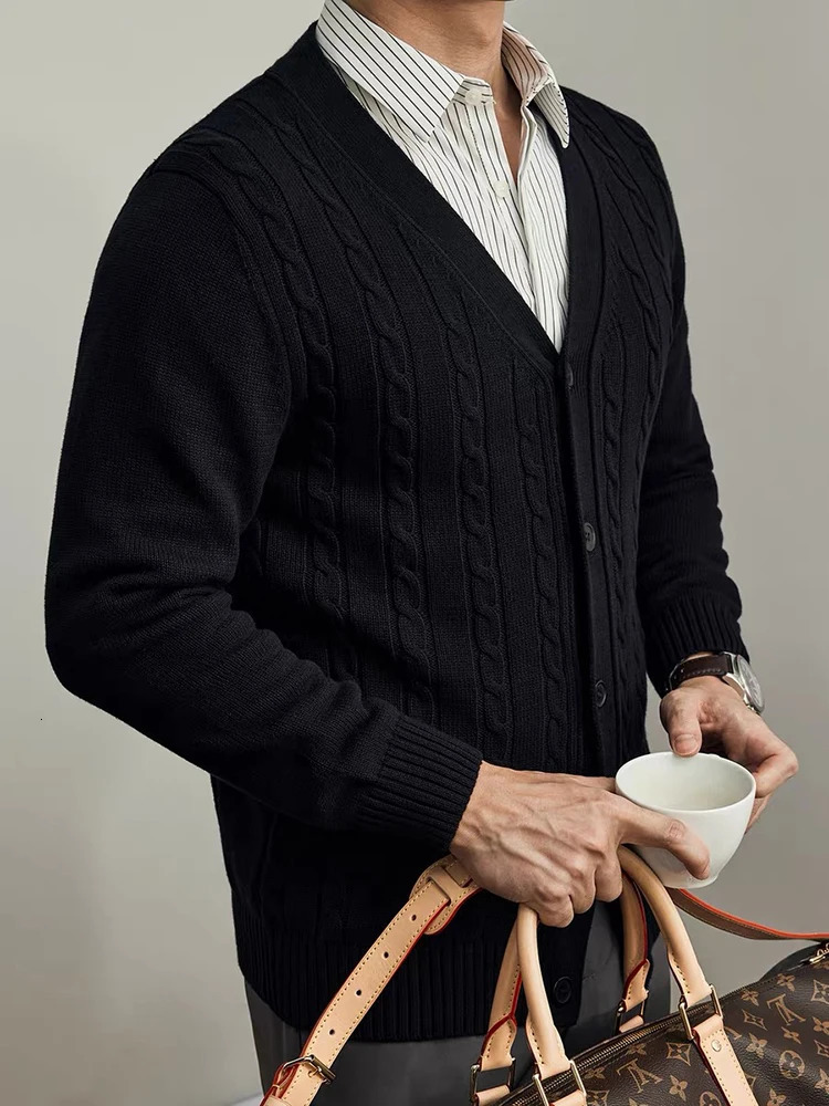 Mens Cable Knit Sweater Korean Autumn Winter Casual Cardigan VNeck Solid Color Outwear Coat Fashion Streetwear 250819