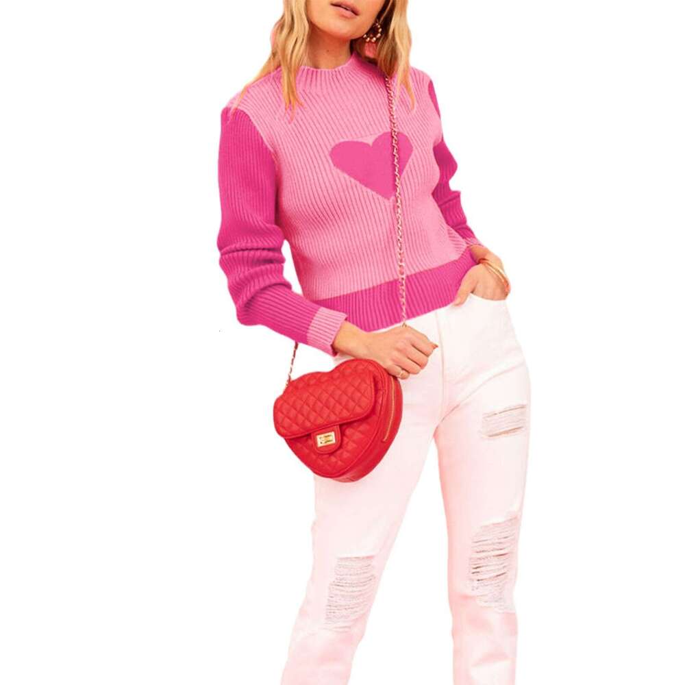 Autumn Winter Valentine's Day High Neck Color Block Heart Peach Slim Fit Women's Knitted Sweater B5