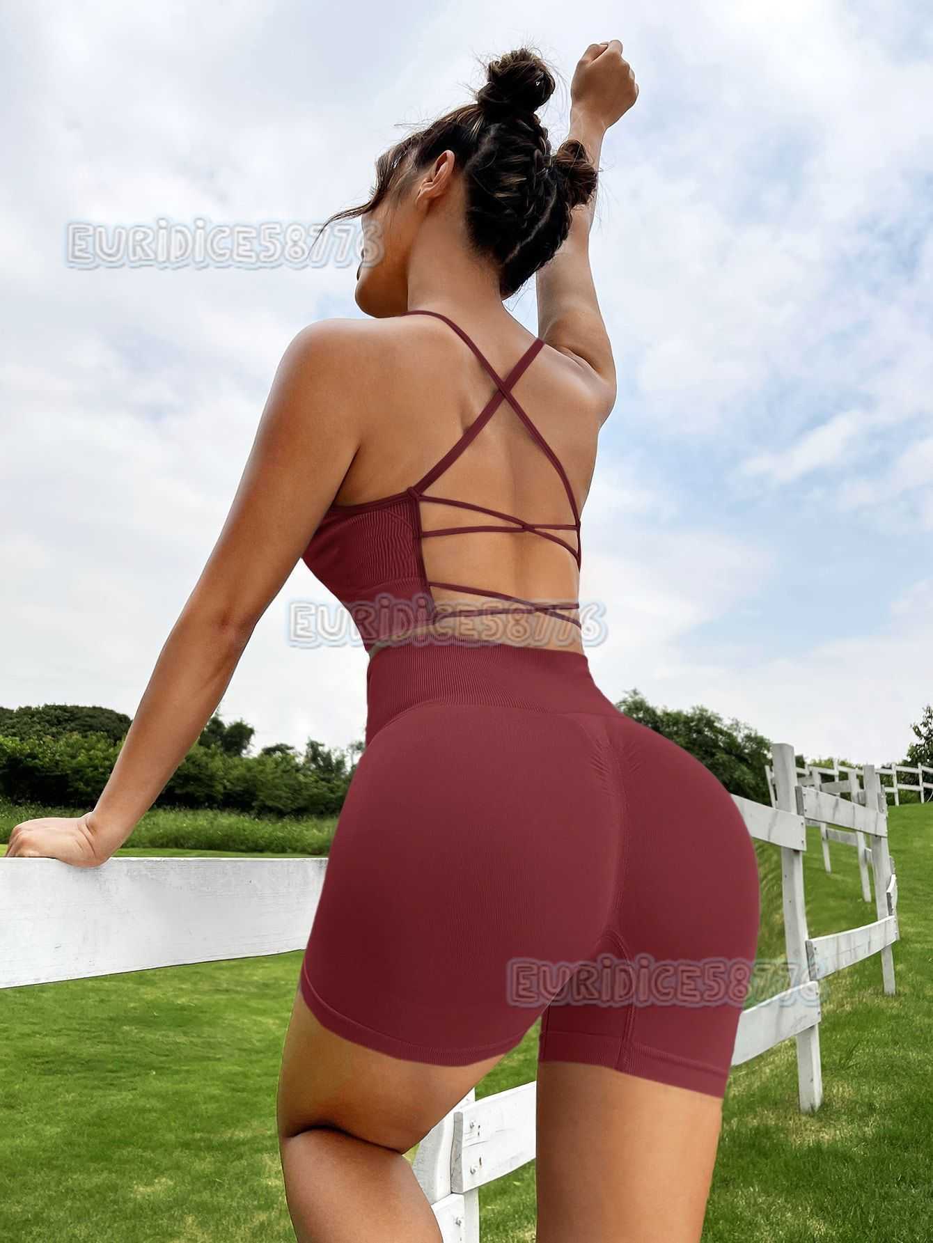 Cross Back Yoga Vest Set with Thin Straps Sports Bra High Waist Tummy Control Tight Hip Fitness Pants H250819