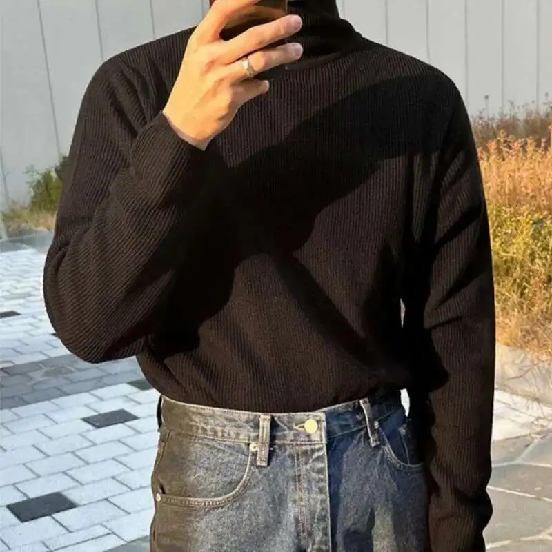 IEFB Korean Style Chic Men Turtleneck Sweater Solid Color Male Knitting Bottom Top Autumn Spring Trend Knits 9C7082 250819