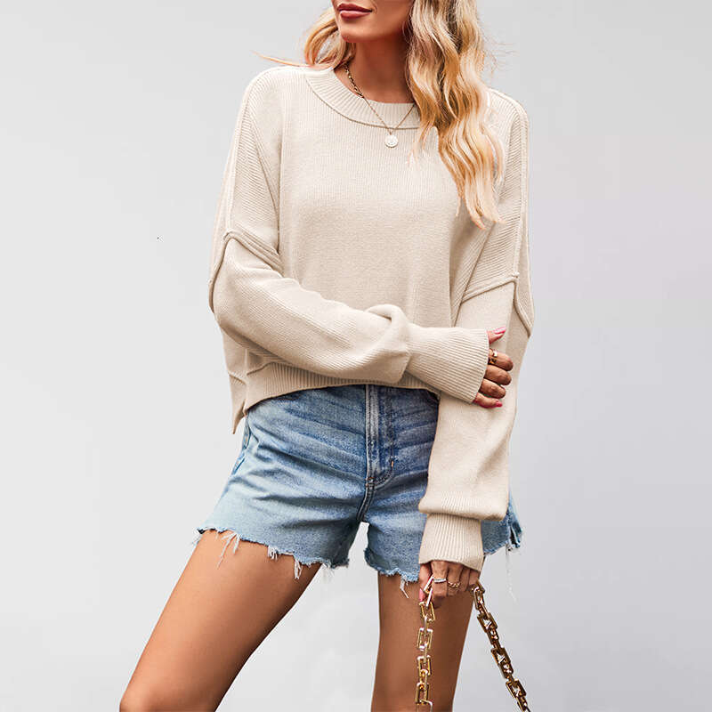 New Autumn Winter Women's Solid Color Fashion Round Neck Knitted Loose Pullover Sweater B5