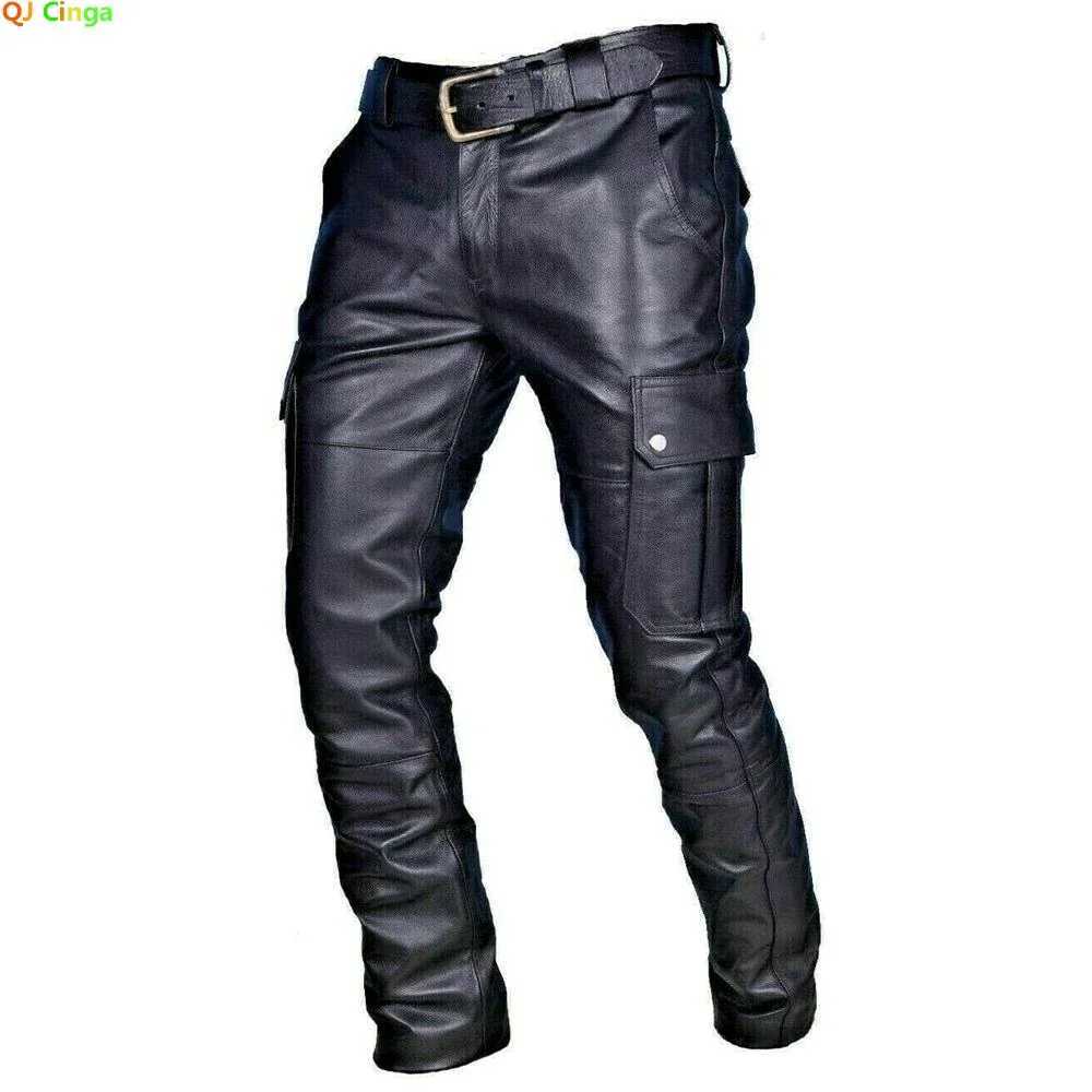 New Europe and The United States Deep Black System Rock Biker Leather Pants Male Casual American PU Trouser Without Belt W250819