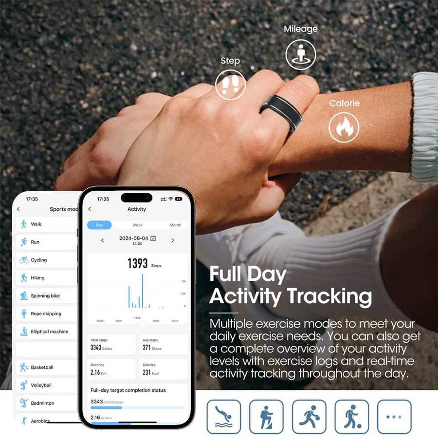 Fitness Tracker Ring for Men Women Smart Ring with Heart Rate SpO2 Blood Pressure Sleep Monitoring Step Calorie Counter W250819