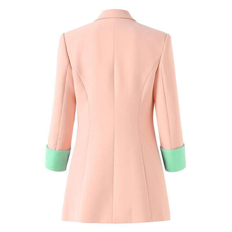 2025 New Color Blocking Patchwork Women In Spring And Summer, Seven Quarter Sleeved Suit Jacket Pink Single Breasted Jacket