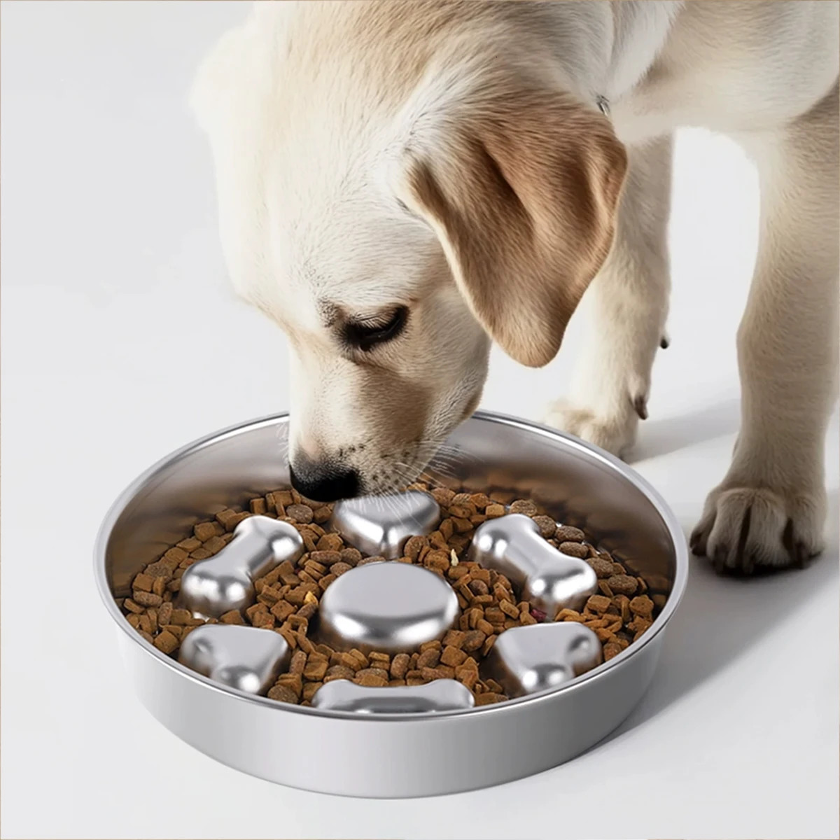 304 Stainless Steel Slow Feeder Bowl - Anti-Slip Silicone Bone/Heart 8.4-9.8in for Cats/Dogs 250813