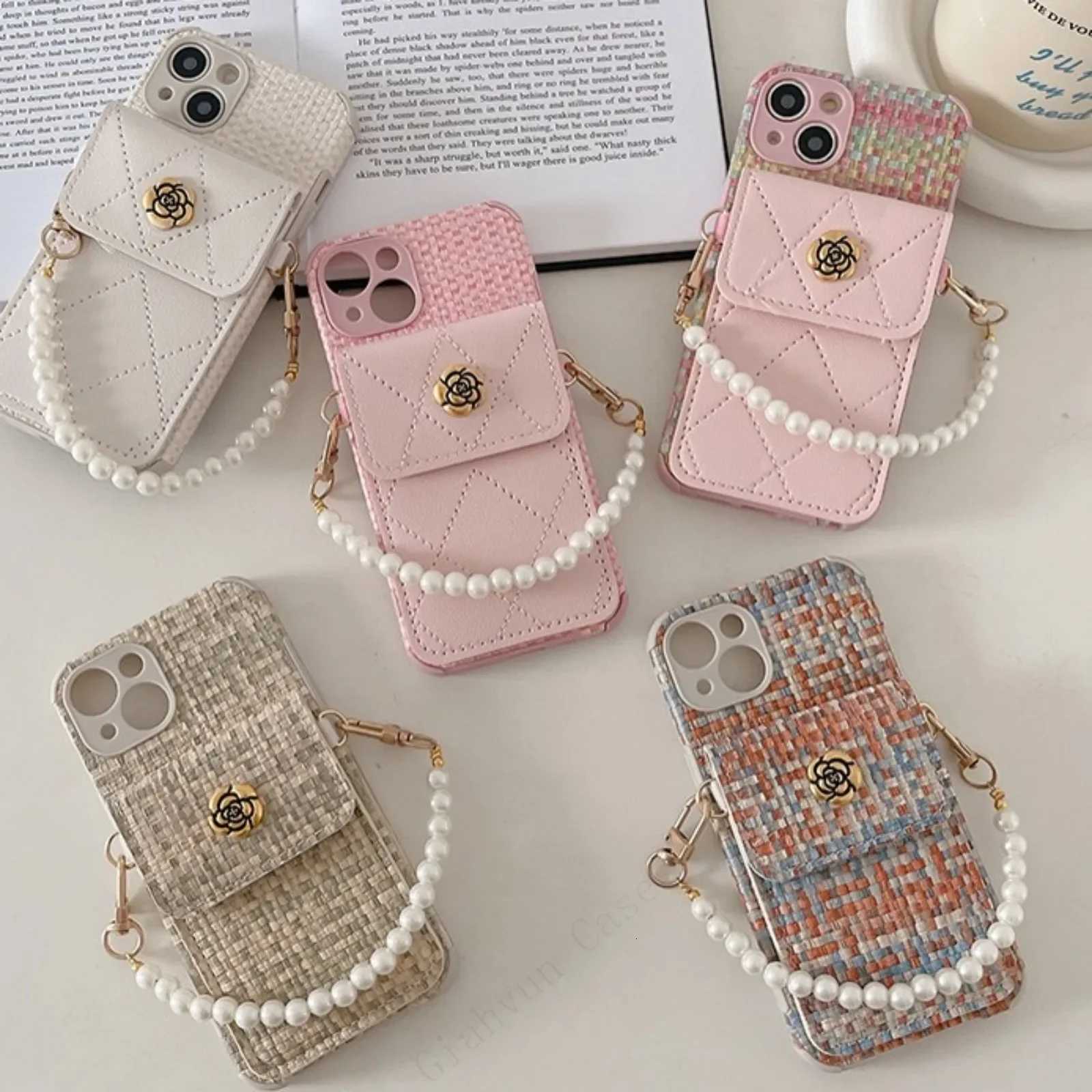 Phone case Fashion Lia Flower Card Wallet Holder Pearl Chain Strap Weave Leather Case Cover For iPhone 15 14 13 12 11 Pro Max XS XR