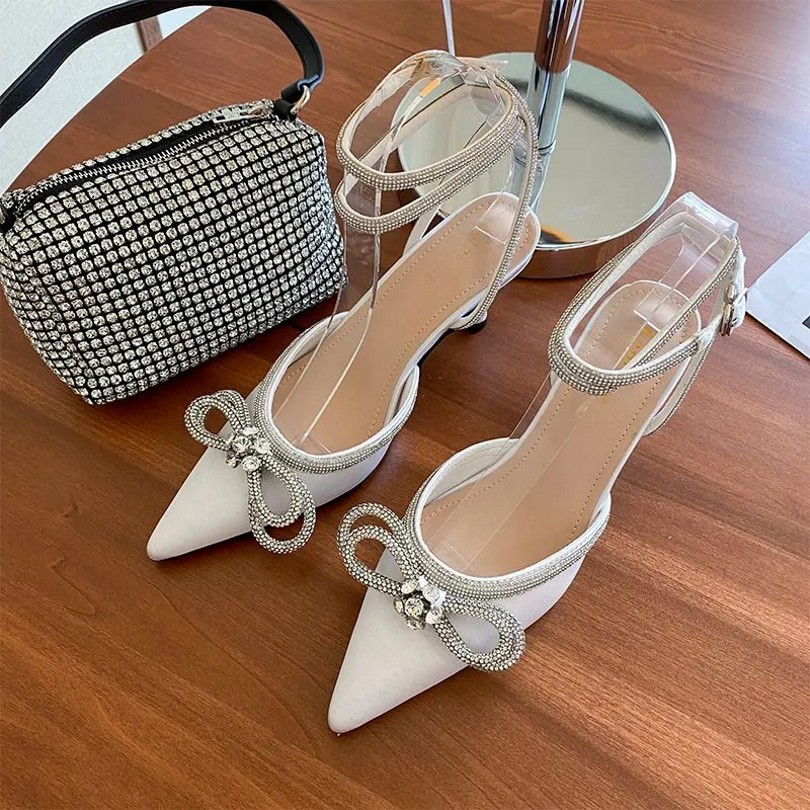 Designer White Pointed Toe Women Prom Wedding Sparkly Sequined With Straps Chic Bridal Summer Sandals For Ladies High Heel Casual Shoes Pumps Cl0501 Y