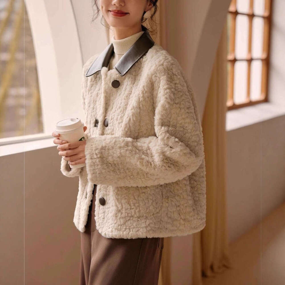 Fashion Splicing Berber Fleece Coat Women's Jacket Plush Thicken Loose Outerwear 2024 New Winter Female Clothes