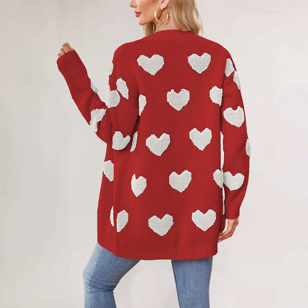 Autumn Winter New Temu Valentine's Day Heart Knitted Mid-Length Coat V-Neck Button Cardigan For Women B5