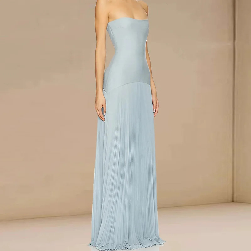 Female Off Shoulder High Waist Solid Color Evening Dress Fashion Summer Backless Dresses Sexy Strapless Slim Pleated Long Dress 250819