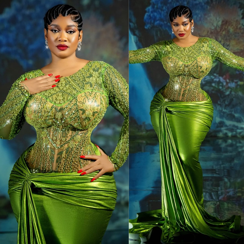 Plus Size Green Prom Dress 2025 Evening Dresses Robe De Sorrie Sheer Neck Long Sleeves Beaded Lace Pearls Birthday Dress Second Reception Gowns AM2689