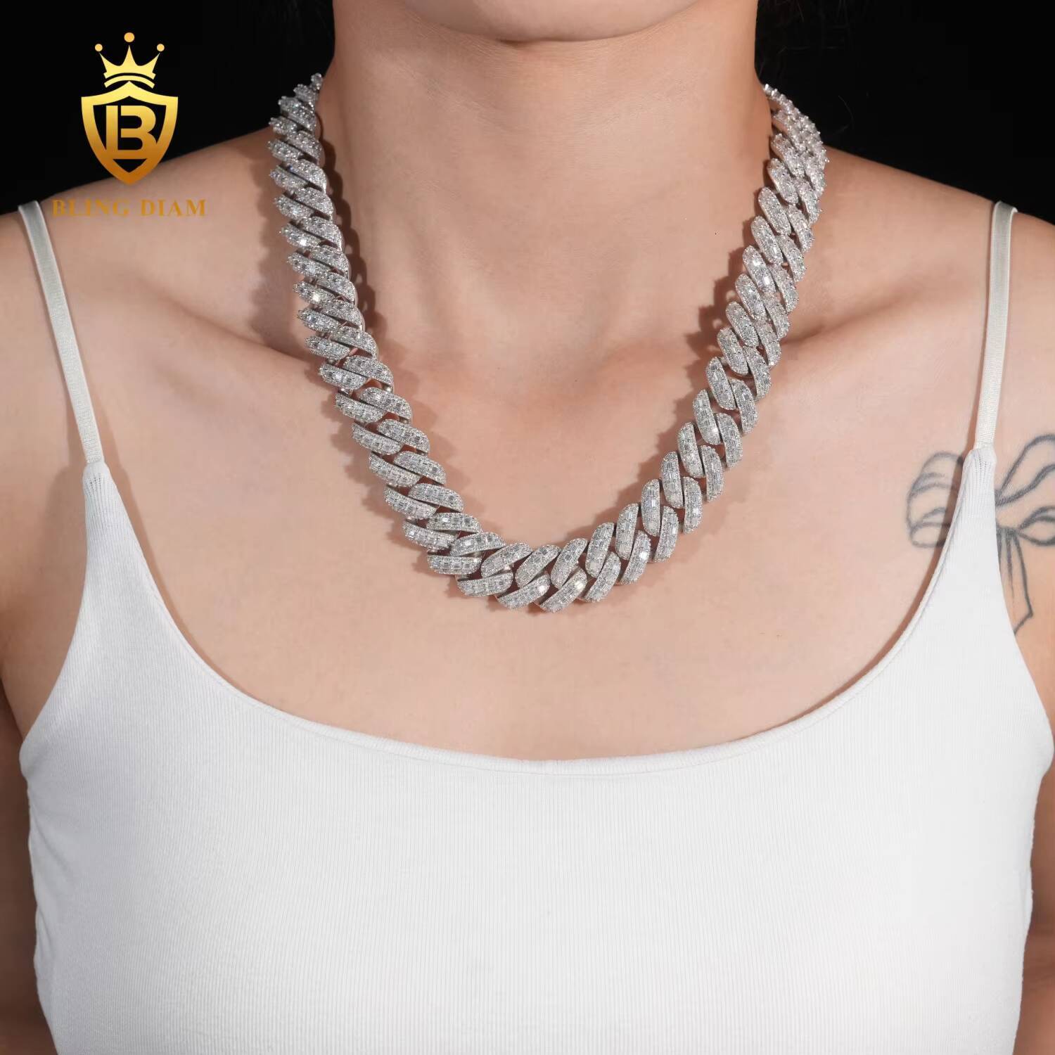Trendy Wholesale 18MM VVS Diamond Baguette Cut Cuban Chain Necklace for a Unique and Elegant Look
