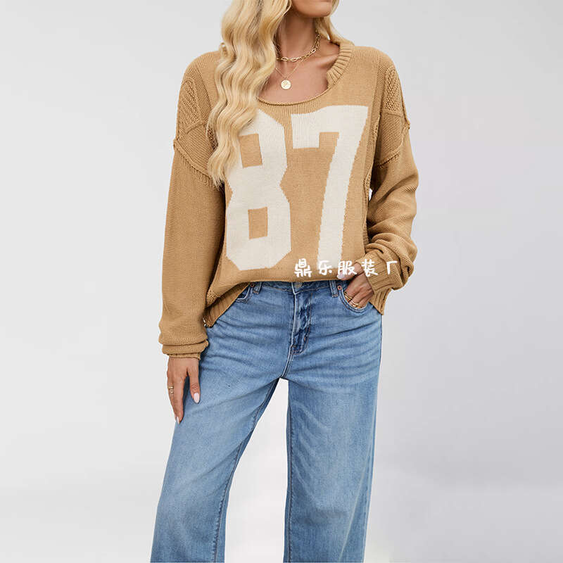 Autumn Winter Long Sleeve Top Women's Digital Color Block Knitted Pullover Loose Sweater B3