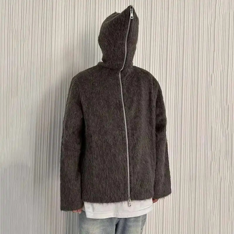 IEFB American Style Mens Cardigan Hooded Zipper Mohair Tops Solid Color Casual Loose Knitting Male Sweaters Menswear 9W201 250819