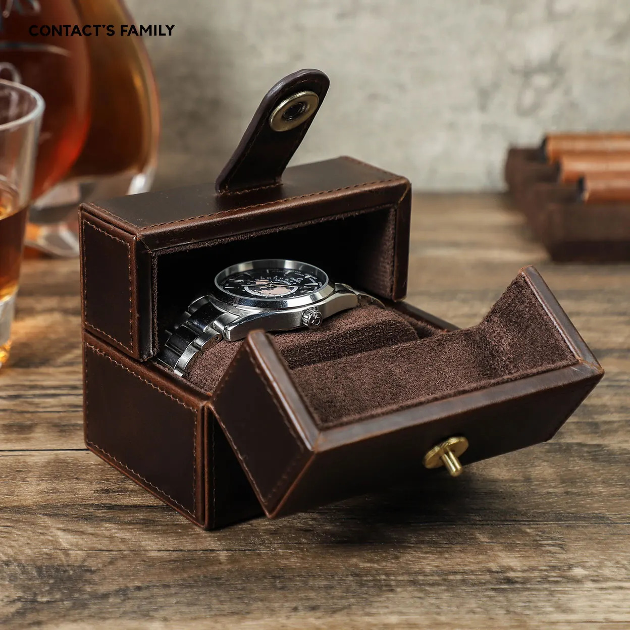 CONTACTS FAMILY Retro Cowhide Leather Single Slot Storage Case HandmadeTravel Portablel Watch Holder with Pillow 250819