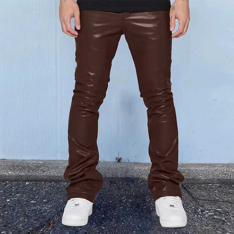 Leather Pants Men Long Pant Solid Mid Waist Casual Regular Pleated Splice Straight Trousers with Button Pocket for Autumn Winter W250819