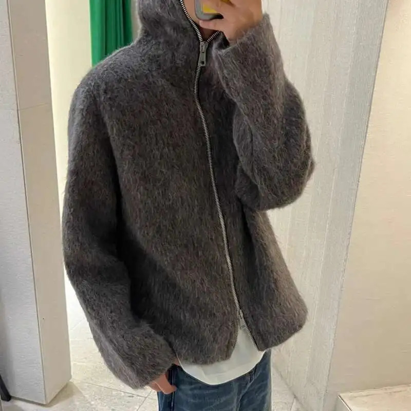 IEFB American Style Mens Cardigan Hooded Zipper Mohair Tops Solid Color Casual Loose Knitting Male Sweaters Menswear 9W201 250819