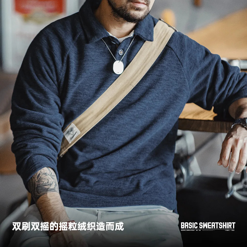 Maden Casual Half-button Placket Polar Fleece Polo Shirt Loose Fit Pullover Sweatshirt with Raglan Sleeves Warm Tops for Men 250818