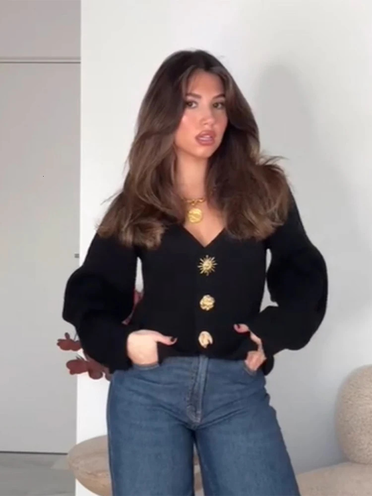 Elegant Vneck Solid Knitted Cardigan For Women Spring Long Sleeves Single Breasted Sweater Female Street Y2K Chic Knitwear 250819