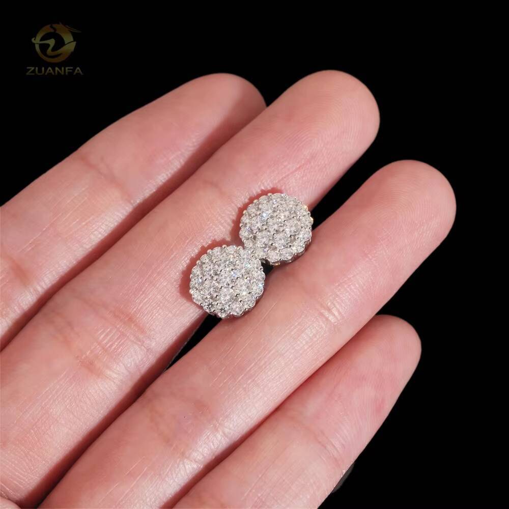 New Arrival Hip Hop Cluster Diamond Round Shape Screw Back 925 Silver Moissanite Sstud Earring