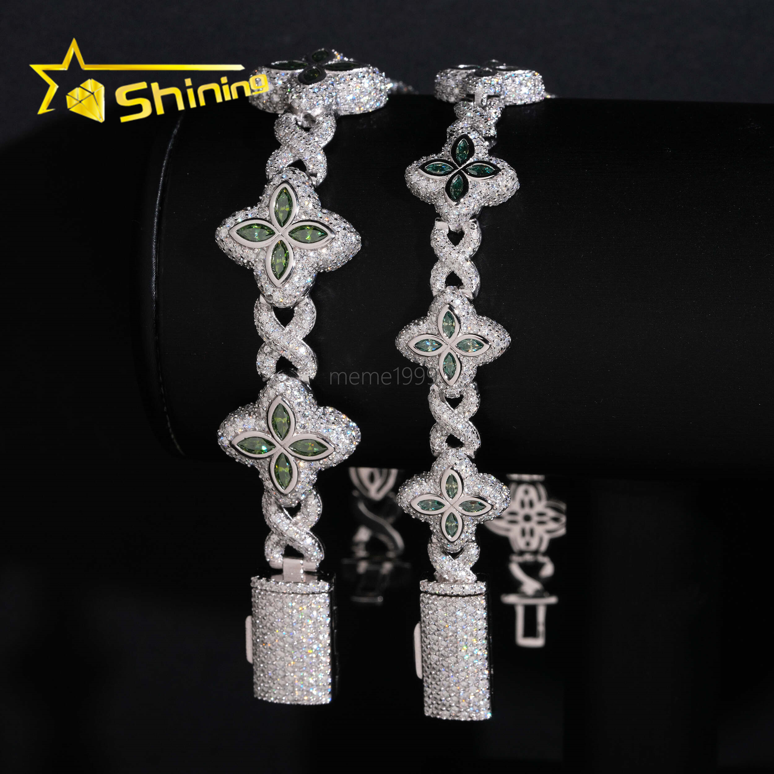 Rapper Hip Hop Jewelry 15mm 18mm Green Clover Moissanite Cuban Bracelet Custom 925 Silver Iced Out Infinity Moissanite Bracelet