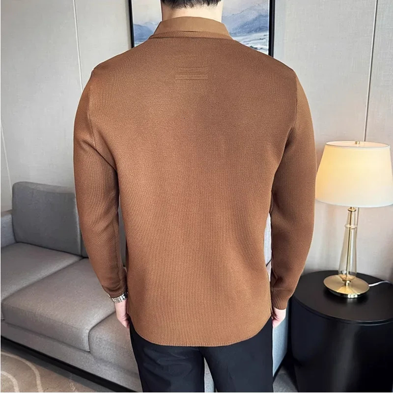 Autumn 2 Pieces Knitted Cardigan Traceless Shirt Collar Spliced Casual Pullovers Fashion Men Slim Sweater Coats 4XLM 250819