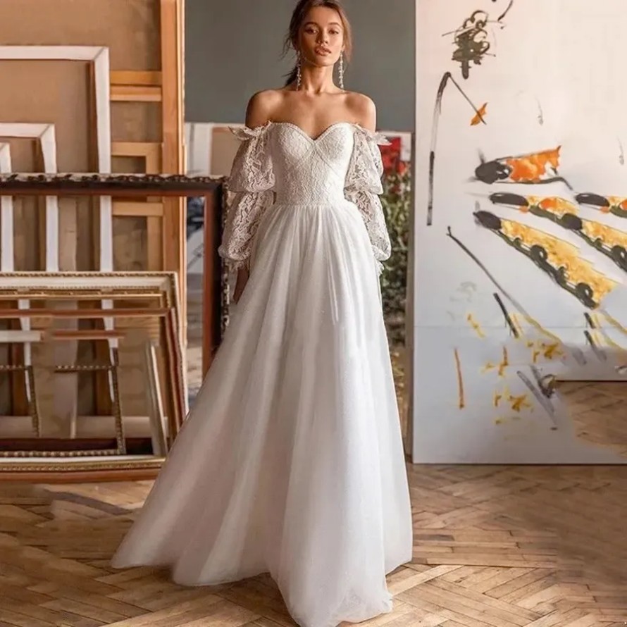 Modern Boho Off Shoulder Long Sleeve Wedding Dresses Appliqued Lace Summer Bohemian Beach Garden Sweetheart A Line Bridal Gowns With Button Covered Ba