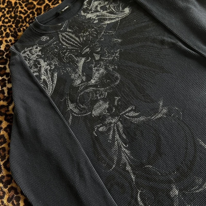 Y2K Grunge Cyber Mall Goth Thermal Tshirt Skulls Graphic Print Long Sleeve Pullovers Tops Women 90s Vintage Aesthetic Tees250826