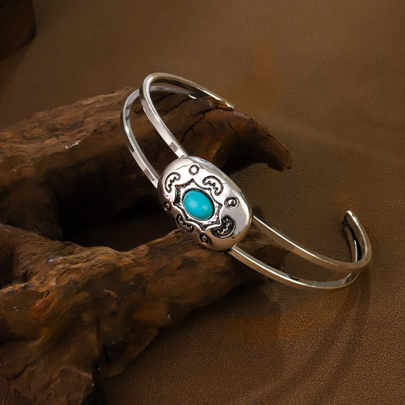 Artisan Tribal Cuff Bracelet Hand Stamped Turquoise Accent Bangle with Feather Motifs Adjustable Closure