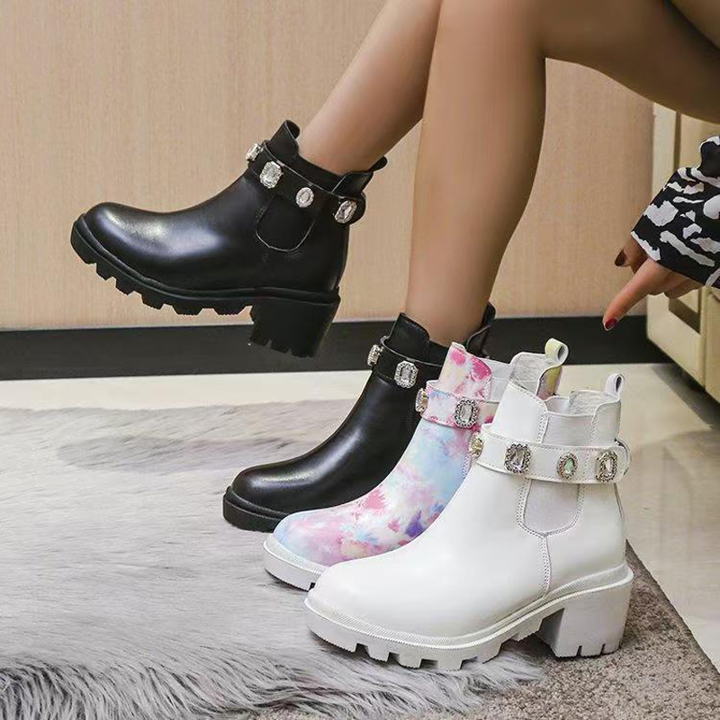 designer boots women shoes designer SHoes 100% cowhide Belt buckle Metal Thick heels Leather shoe High heeled Fashion Diamond Lady boot Large