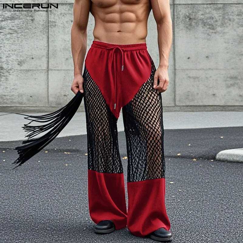2025 American Style Trousers Fashion Mens Mesh Splicing Hollow Perspective Pants Casual Streetwear DrAWstring Trousers W250819