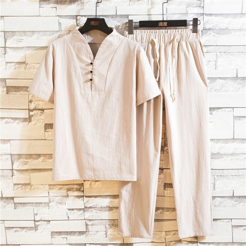 Shirt trousers 2025 summer men shirt Man Cotton and linen shirts Short sleeve mens casual shirts men A set of clothes M-5XL 250819