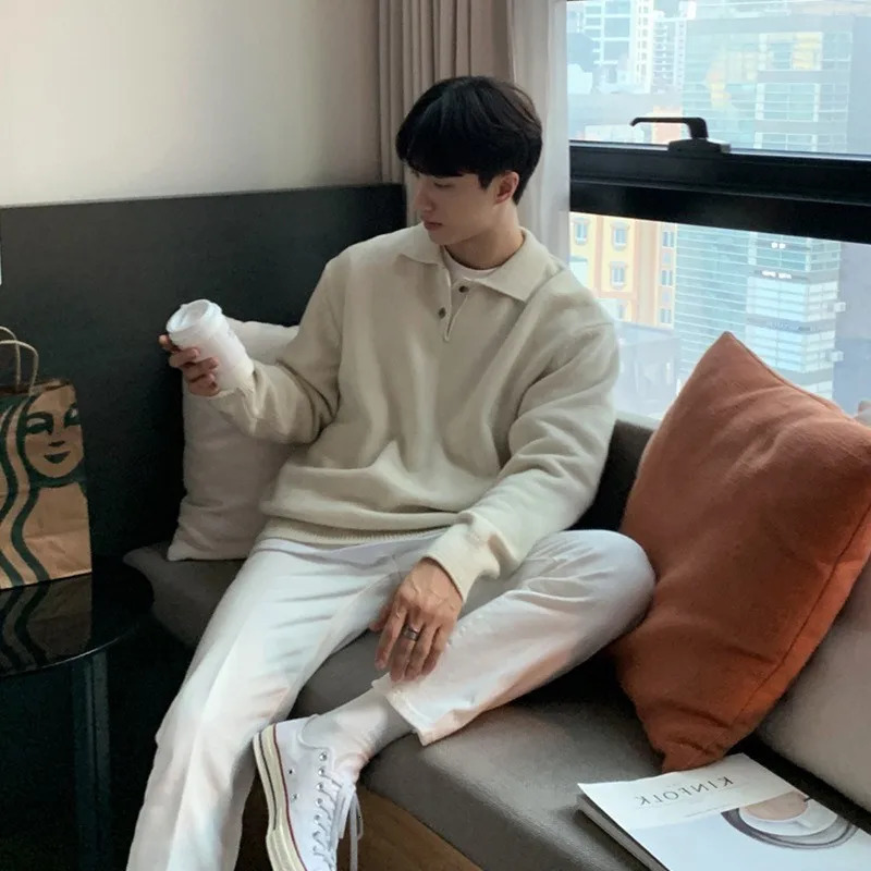 Men Korean Style Polo Neck Sweater Light Knitted Long Sleeve Pullover Casual Solid Color Streetwear Leisure Knitwear 250818
