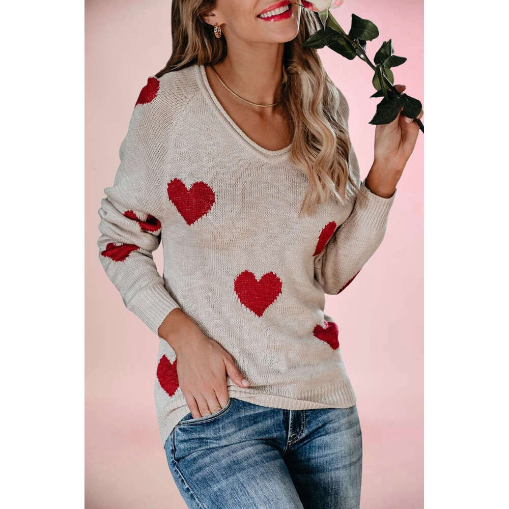 Autumn Winter New Temu Loose Heart Valentine's Day V-Neck Women's Pullover Sweater B5