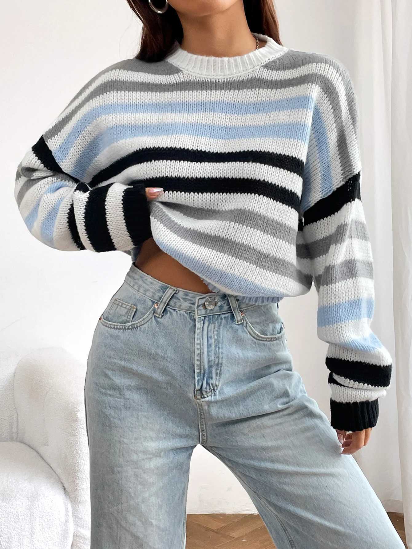 European and American fashion stripes matching color pullover autumn and winter womens sweater knitwear XJ250819