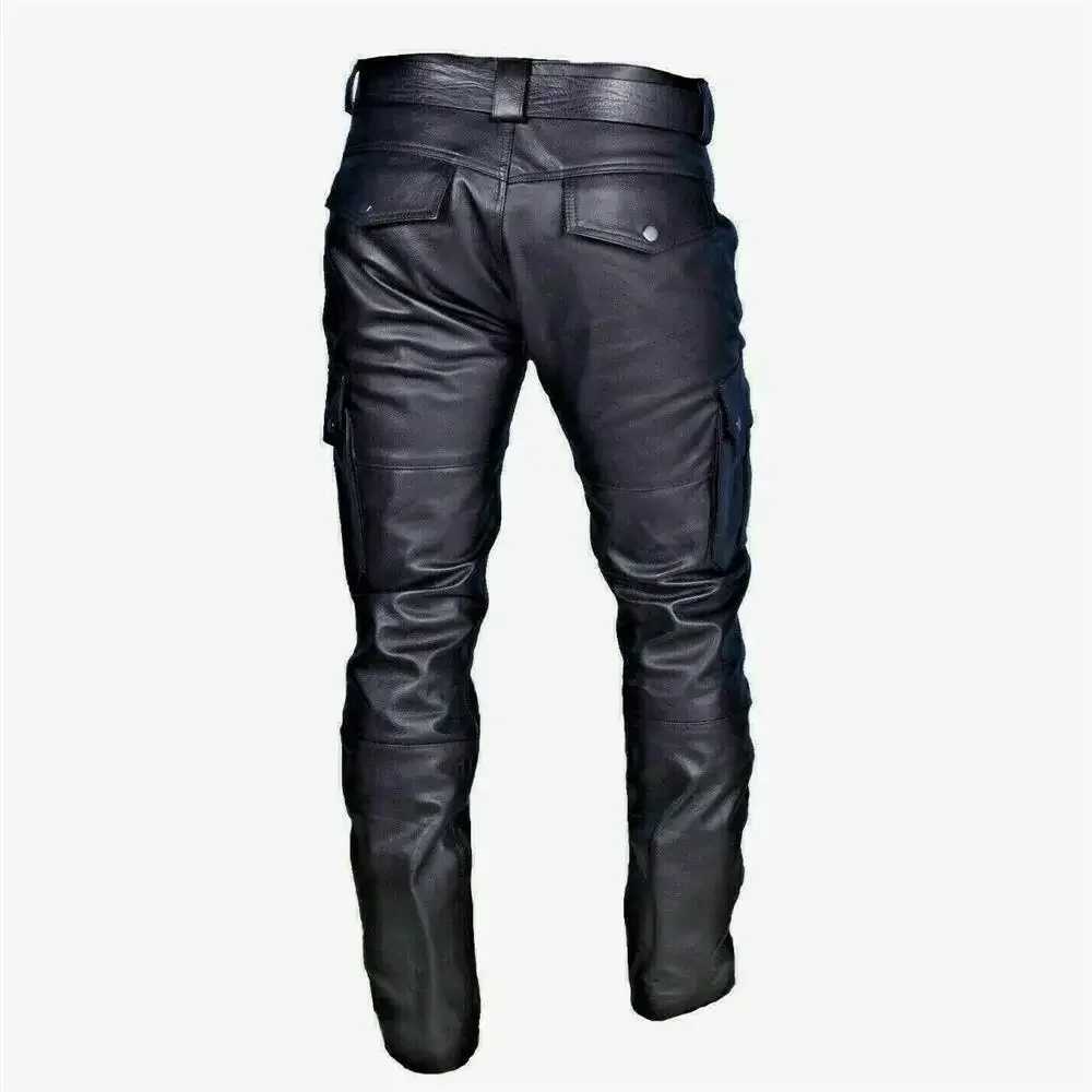 Mens Leather Motorcycle Pants with Cargo Pockets Black PU Pants No Belt Mens Trousers Big Size S-5XL W250819