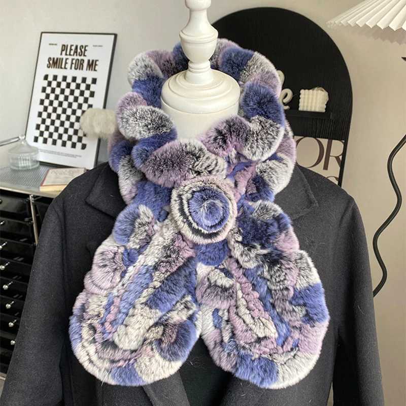 New Russian Women Knit Real Rex Rabbit Fur Scarf Lady Fashion Floral Rex Rabbit Fur Mufflers Hot Winter Warm Natural Fur Scarves L250818O3TM